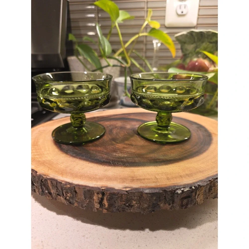 VTG Avocado Green Indiana Glass Kings Crown Thumbprint Dessert Goblet Set Of 4